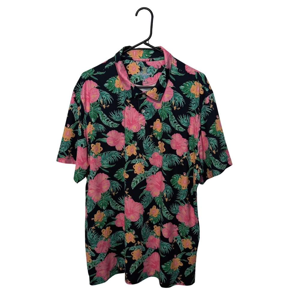 Chubbies Polo Shirt Mens XL Black Pink Tropical Floral Performance Stretch Golf